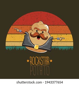 rock star potato cartoon character with leather jacket, sunglasses and cool mustache isolated on vintage background with sun. rock hipster vegetable funky character