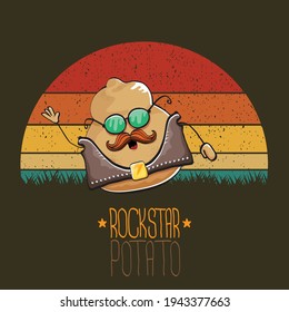 rock star potato cartoon character with leather jacket, sunglasses and cool mustache isolated on vintage background with sun. rock hipster vegetable funky character