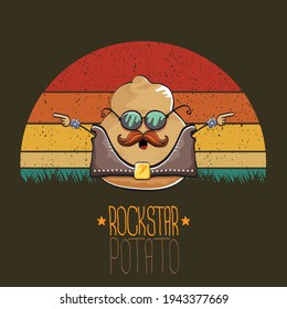 rock star potato cartoon character with leather jacket, sunglasses and cool mustache isolated on vintage background with sun. rock hipster vegetable funky character