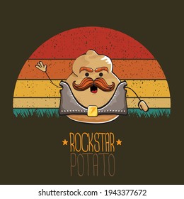 rock star potato cartoon character with leather jacket, sunglasses and cool mustache isolated on vintage background with sun. rock hipster vegetable funky character