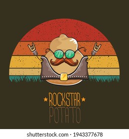 rock star potato cartoon character with leather jacket, sunglasses and cool mustache isolated on vintage background with sun. rock hipster vegetable funky character