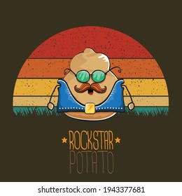 rock star potato cartoon character with leather jacket, sunglasses and cool mustache isolated on vintage background with sun. rock hipster vegetable funky character