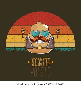 rock star potato cartoon character with leather jacket, sunglasses and cool mustache isolated on vintage background with sun. rock hipster vegetable funky character