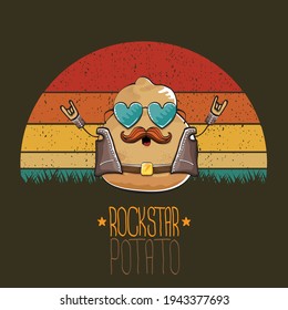 rock star potato cartoon character with leather jacket, sunglasses and cool mustache isolated on vintage background with sun. rock hipster vegetable funky character