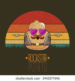 rock star potato cartoon character with leather jacket, sunglasses and cool mustache isolated on vintage background with sun. rock hipster vegetable funky character