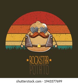 rock star potato cartoon character with leather jacket, sunglasses and cool mustache isolated on vintage background with sun. rock hipster vegetable funky character