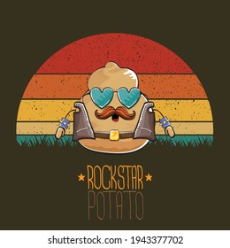 rock star potato cartoon character with leather jacket, sunglasses and cool mustache isolated on vintage background with sun. rock hipster vegetable funky character