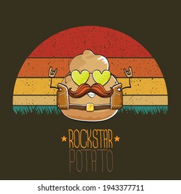 rock star potato cartoon character with leather jacket, sunglasses and cool mustache isolated on vintage background with sun. rock hipster vegetable funky character