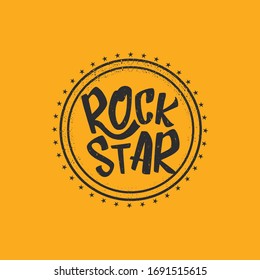 rock star print isolated on orange background. Vector Grunge Rock star emblem or label concept design template for printing on t shirt