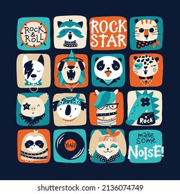 Rock star. Retro Poster with vector collection of rock animals and graffiti lettering for kids. Hand drawn cartoon musicians in funny doodle style. For prints on baby clothes, posters, punk parties