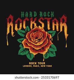 Rockstar. Rock and Roll Vektorgrafik-Print-Design für Bekleidung, Poster, Hintergrund und andere. Hard Rock Logo Design. Rote Rose, Blumenkunstwerk. Wilder Geist. Poster der Welttournee