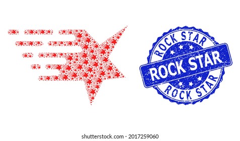 Rock Star rubber round stamp seal and vector fractal mosaic star. Blue stamp seal has Rock Star title inside round shape. Vector mosaic is designed of random star pictograms.