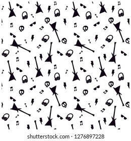 Rock star seamless pattern. Guitar, skull, headphone drawing.Cute all over print for kids.Vector print.