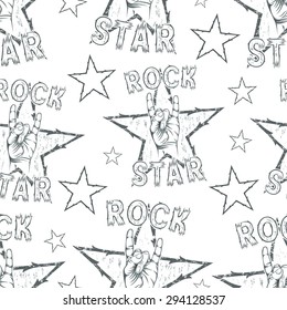 Rock Star seamless pattern with Rock n Roll sign and a stars.