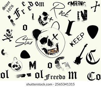 rock star Seamless pattern,hand drawn Bear head with paint brush strokes ,Seamless pattern with human skulls, ROCKSTAR slogan skull. graffiti slogan print.eps8