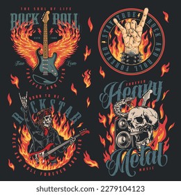 Rock star set colorful labels with dead man playing guitar and gesture of rocker among flames vector illustration