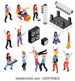 Rock star set with metal concert music symbols isometric isolated vector illustration