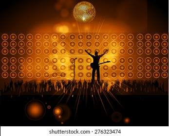 Rock Star Silhouette With Guitar And Microphone On Stage With Wall Speakers