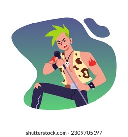 Rock star singer with green hair singing into the microphone on stage. Rock band live for music concept. Vector flat Illustration
