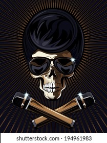 Rock star skull with a macabre bony skull wearing trendy modern sunglasses with an Elvis hairdo and two crossed microphones in the foreground on a dark background with radiating brown rays