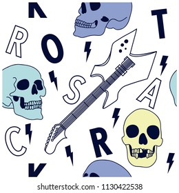 Rock star skull seamless pattern. Skull and guitar vector print. Retro seamless pattern for kids.