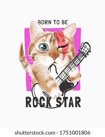 slogan estrella de rock con lindo gato de dibujos animados tocando ilustración de guitarra