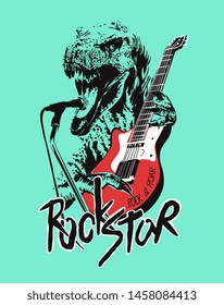 rock star slogan with dinosaur playing guitar illustration