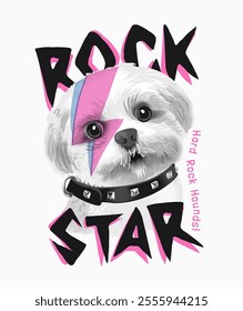 rock star slogan with puppy in rivet collar and face painted vector illustration