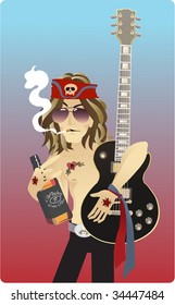 A rock star smoking a cigarette while holding a bottle of whiskey and his guitar