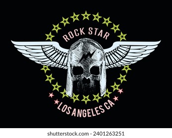 Rock star. Spartan skull with wings t-shirt design.