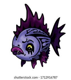 Rock star stylized fish cartoon character with cool purple haircut goth punk metal