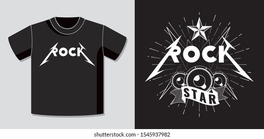 Rock Star Thrash Heavy Metal Style Inverted Hand Drawn Authentic Logo and Lettering with Application on T-Shirt Vector Template - White on Black Background - Vector Contrast Graphic Design