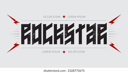 Rock star - t-shirt design with red lightnings and stars. Rockstar - shirt apparels cool print. Music poster, inscription looks like runic script.