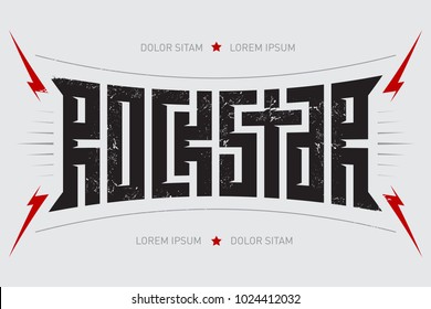 Rock Star - T-Shirt Design. Rockstar - Musikposter mit roten Blitzen und Sternen. T-Shirt wirkt kühl.