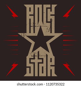 Rock Star - t-shirt design for woman or man. T-shirt apparels cool print for girls. Rockstar - music poster with red lightnings and star.