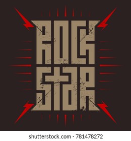 Rock Star - T-shirt Design For Woman Or Man. T-shirt Apparels Cool Print For Girls. Rockstar - Music Poster With Red Lightnings.