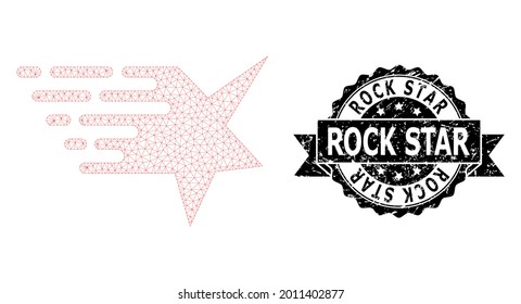 Rock Star unclean stamp and vector star mesh model. Black stamp seal contains Rock Star title inside ribbon and rosette. Abstract flat mesh star, designed with triangular grid.