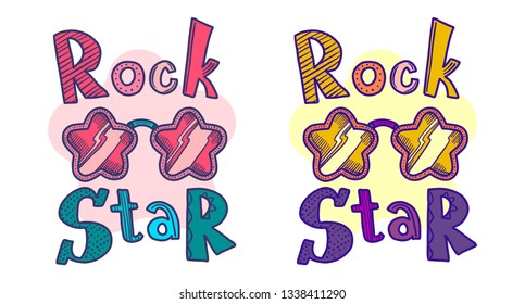 Rock Star vector hand lettering. Typographic print with fun vector illustration. Used for t-shirt print. Set of Stylish t-shirt and apparel design style sunglasses