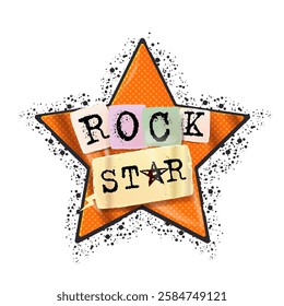 Rock star vector print for t shirt with slogan. Retro halftone paper star and rock star label png stickers for collage and t shirt print. Rockstar sign, symbol and icon 