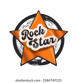 Rock star vector print for t shirt with slogan. Retro halftone paper star and rock star label png stickers for collage and t shirt print. Rockstar sign, symbol and icon 