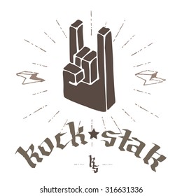 Rock Star - vector retro badge for poster, flayer or t-shirt print with lettering, star, starburst and ray.  Monochrome label with Hand in rock n roll sign