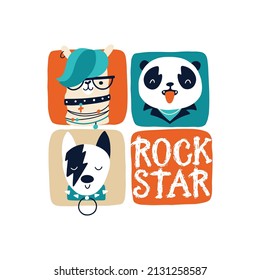 Estrella de rock. Cartel retro vector. Panda de Lama y banda de perros de músicos. Personajes de dibujos animados y graffitis de inscripción para niños con un divertido estilo de garabato. Para imprimir en ropa de bebé, afiches