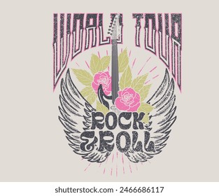 Estrella de Rock de arte vintage. Diseño de póster de música Eagle. Ala de pájaro con flores de rosa obra de arte vintage para la ropa, pegatinas, carteles, fondo y otros. Obra de arte de Rock world tour.