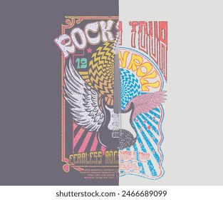 Rock star vintage artwork. Eagle music poster design. Bird wing with rose flower vintage artwork for apparel, stickers, posters, background and others. Rock world tour artwork. 