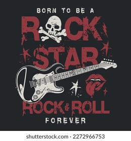 Rock star vintage colorful flyer with guitar and skull among words rocknroll forever to decorate interior punk club vector illustration