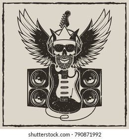 Rock Star vintage grunge design for t-shirt. Vector hand drawn illustration of guitar, speakers, spread wings and hipster skull in headphones, sunglasses and crown.