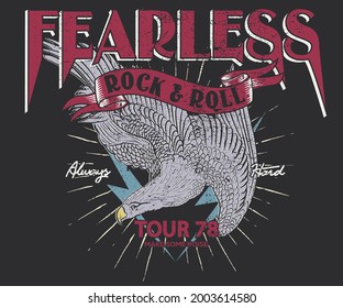 Rock star vintage poster design. Fearless rocking eagle artwork for fashion. Wild bird wing graphic for appeal.