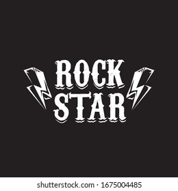 Rockstar, weißer Druck einzeln auf schwarzem Hintergrund. Vektorillustration Grunge Rock-Stern-Emblem oder Label-Design-Vorlage für den Druck auf T-Shirt