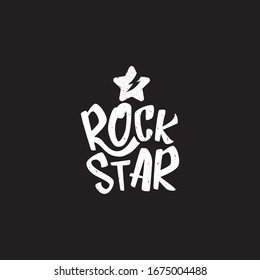 rock star white print isolated on black background. Vector Grunge Rock star emblem or label concept design template for printing on t shirt