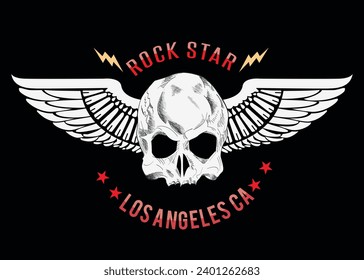 Rock star. Winged skull t-shirt design on a black background. Satanic illustration.